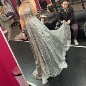 V line silver prom dress